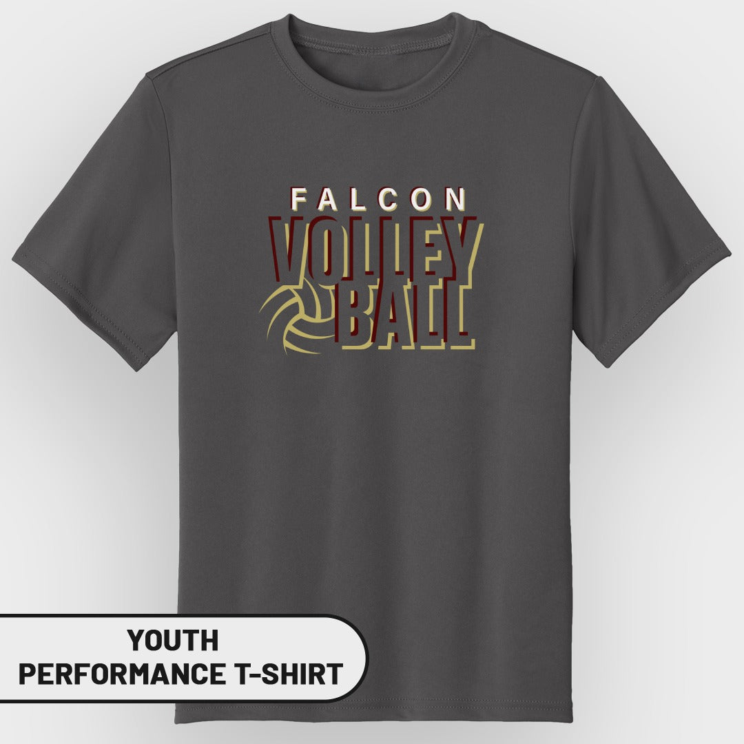 Youth performance t-shirt with "Falcon Volleyball" graphic and volleyball illustration.