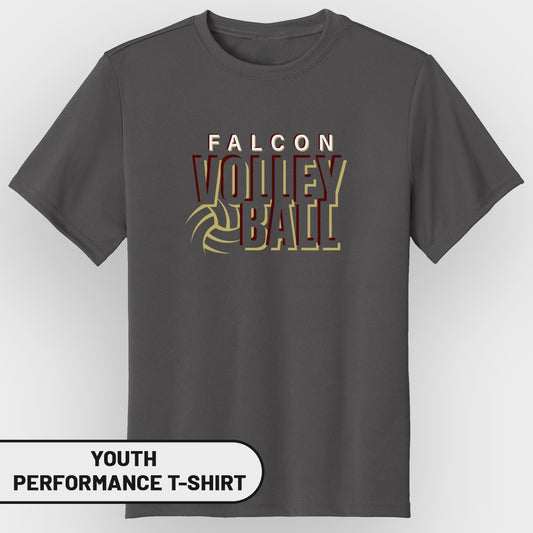 Youth performance t-shirt with "Falcon Volleyball" graphic and volleyball illustration.