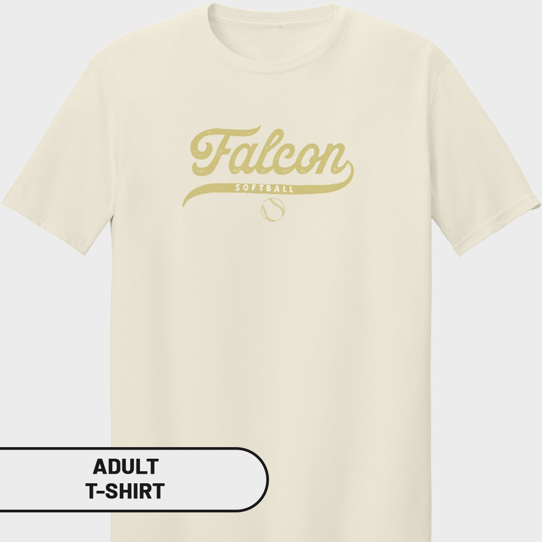 Adult t-shirt with "Falcon Softball" and a softball graphic.