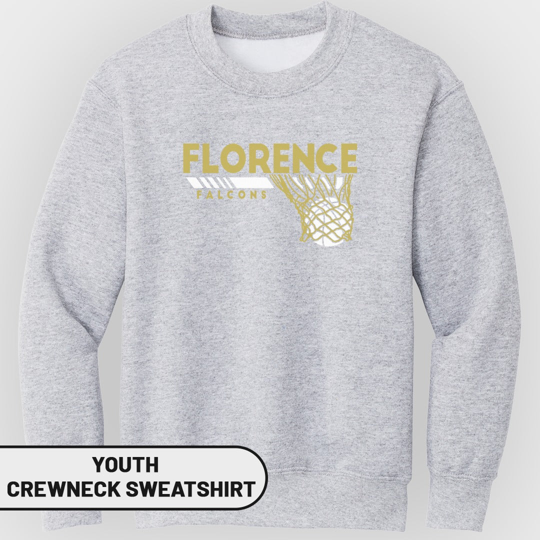 Youth crewneck sweatshirt with "FLORENCE FALCONS" text and basketball net graphic.