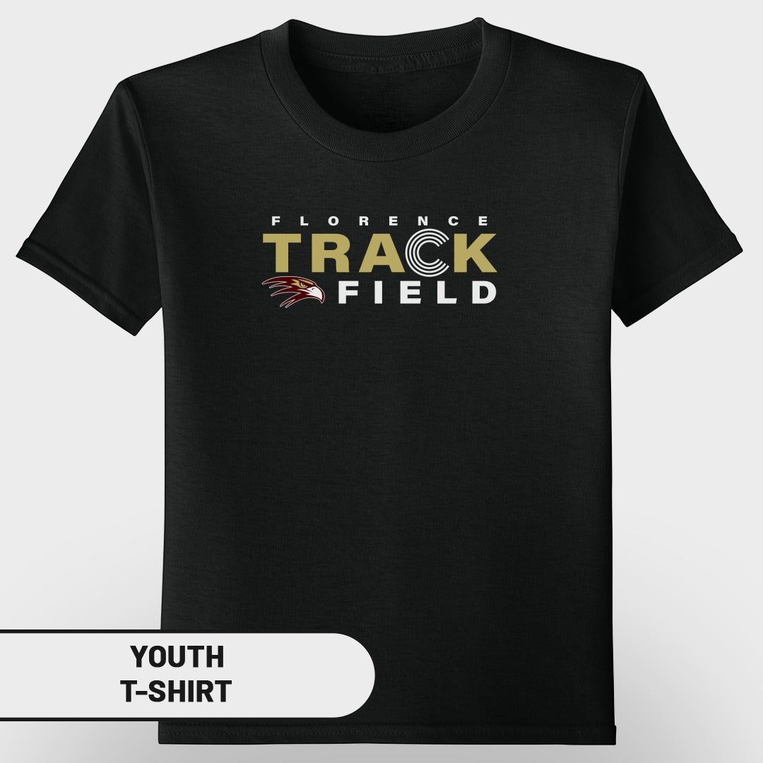 Black youth t-shirt with "Florence Track Field" text and eagle graphic.