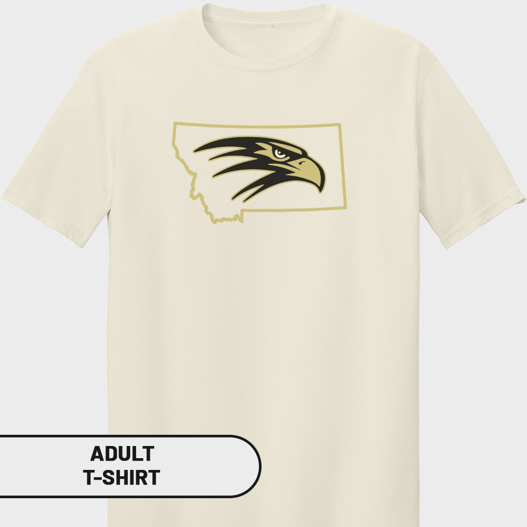 Cream t-shirt with Montana outline and black and gold eagle graphic.