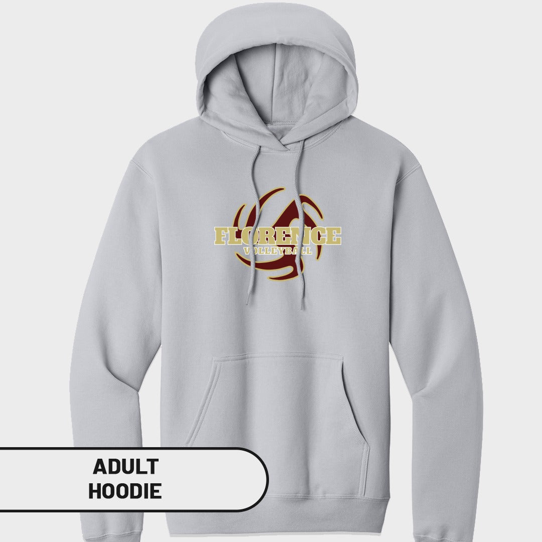 Light gray adult hoodie with "FLORENCE VOLLEYBALL" logo on chest.