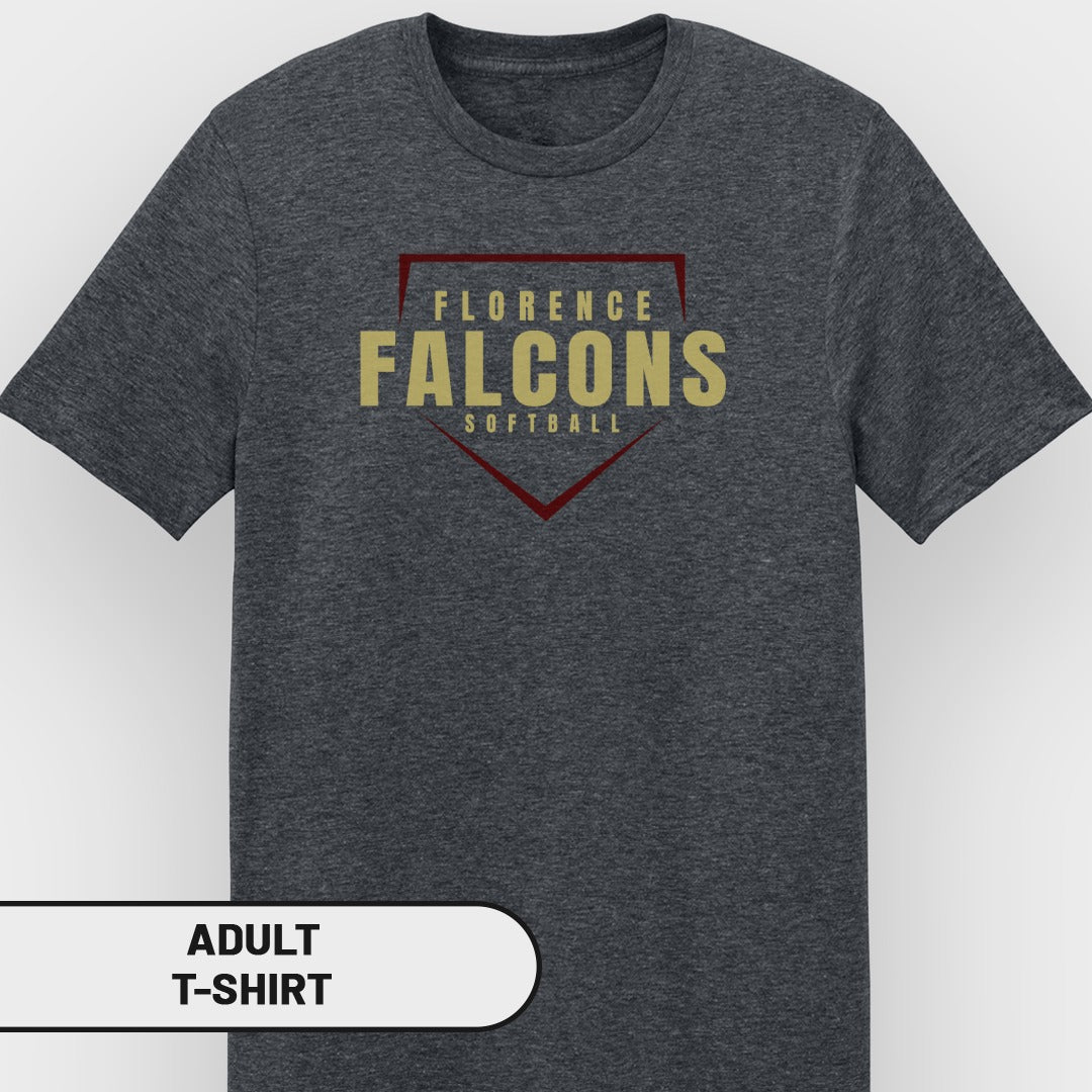 Dark grey adult t-shirt with Florence Falcons softball graphic.