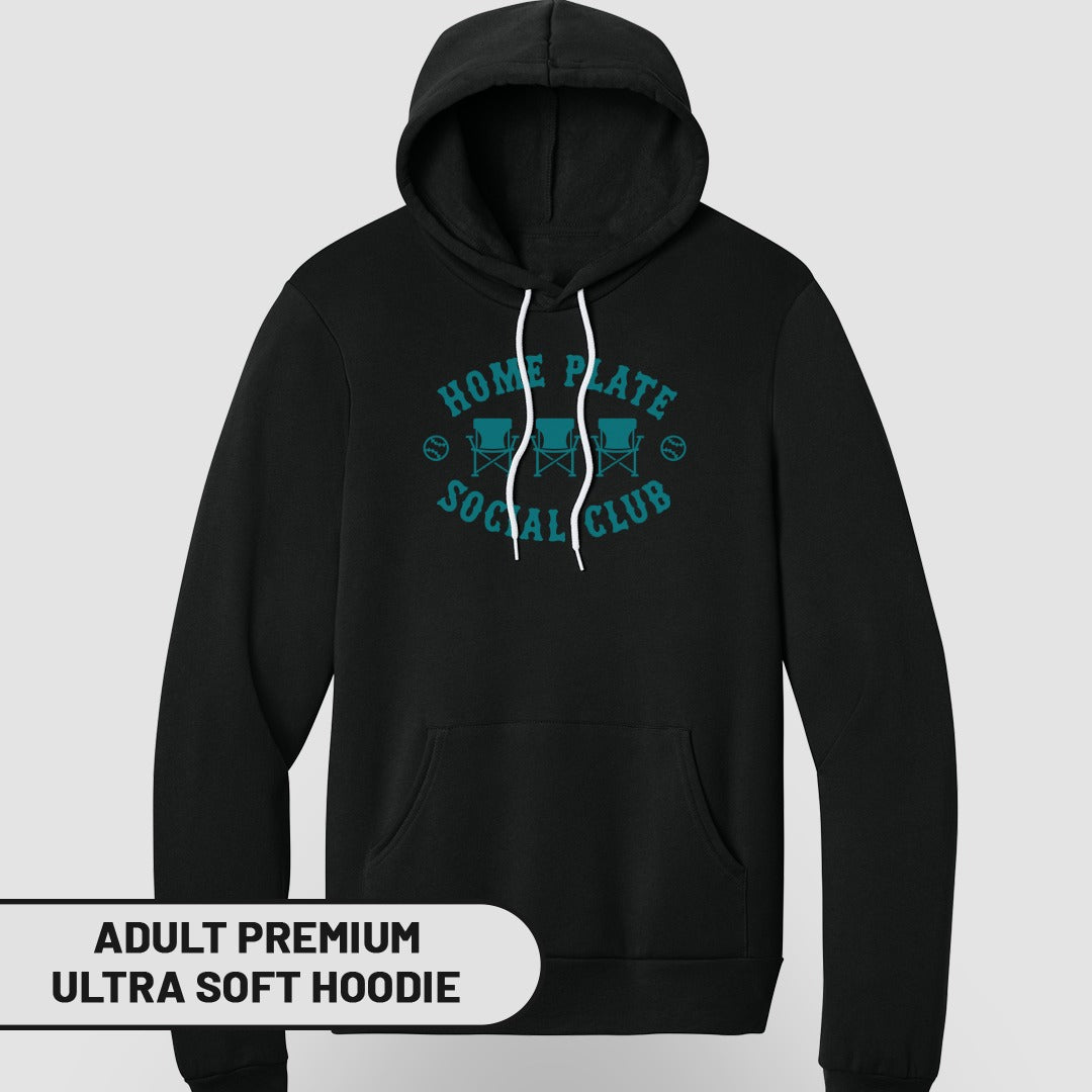 Black adult premium ultra soft hoodie with "HOME PLATE SOCIAL CLUB" graphic.