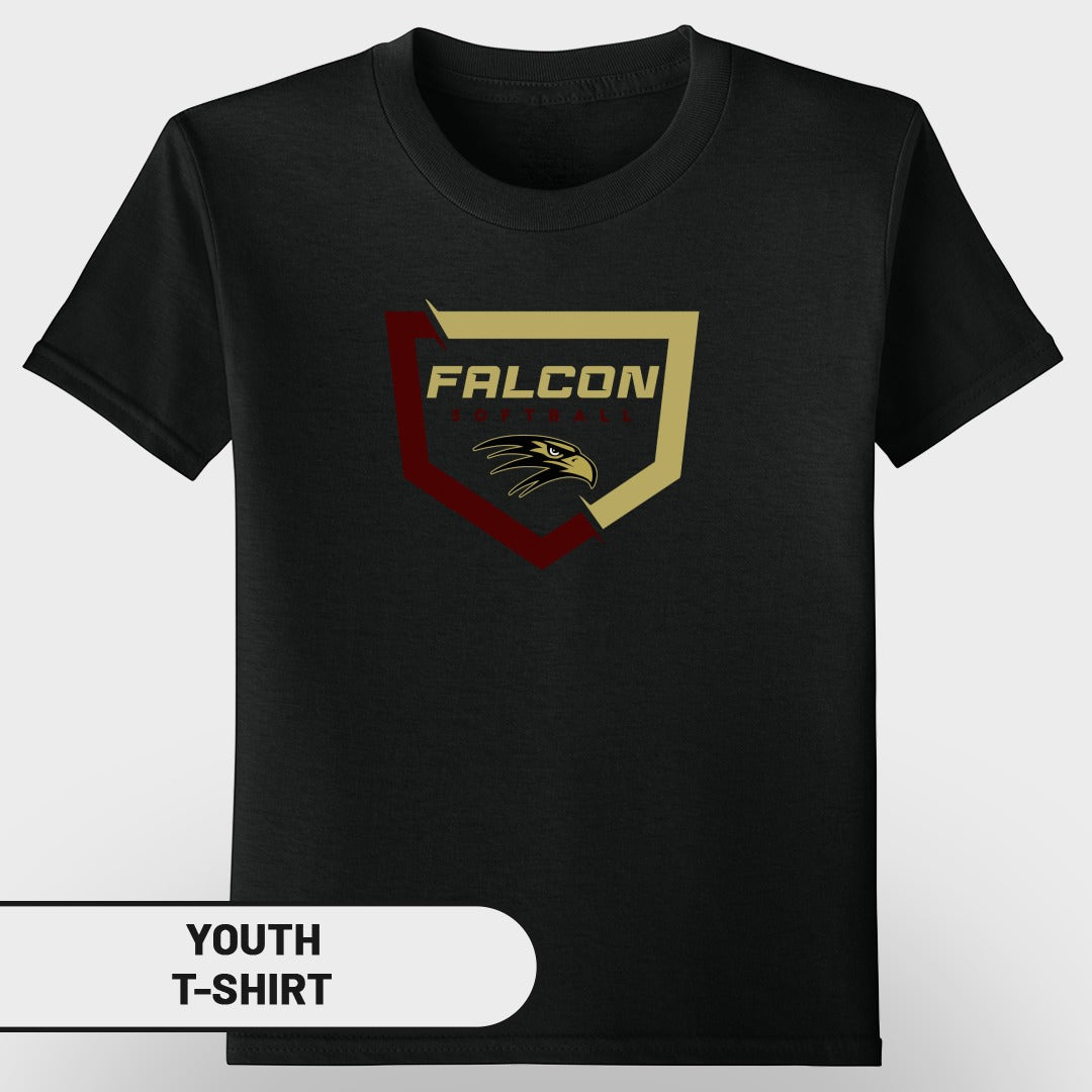 Black youth t-shirt with "FALCON SOFTBALL" and eagle logo on chest.