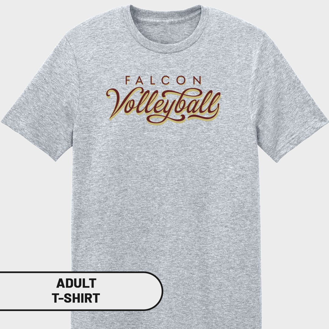 Grey adult t-shirt with "FALCON Volleyball" text in script font.