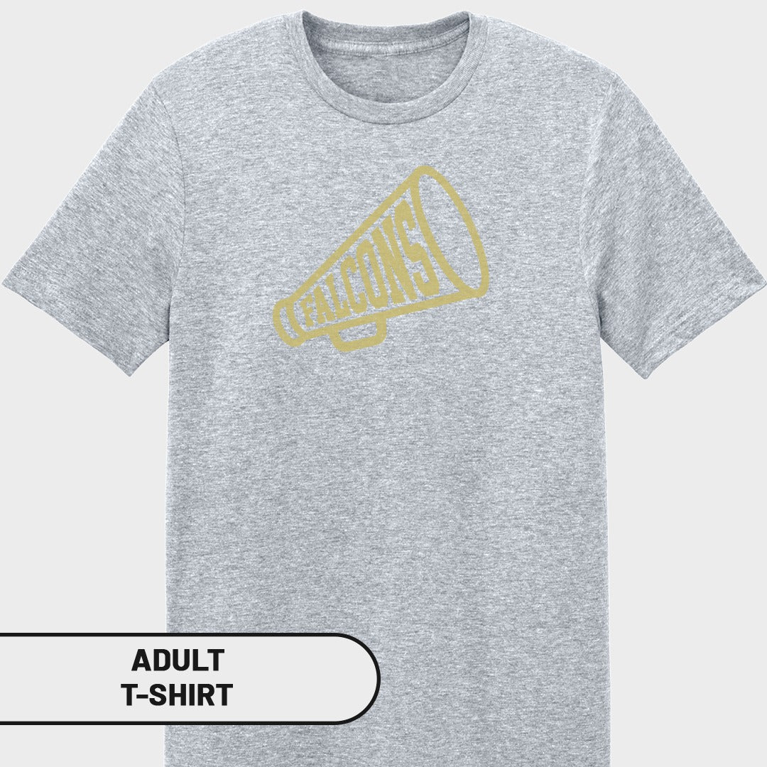Grey adult t-shirt with a gold megaphone graphic and the word "COACHES".