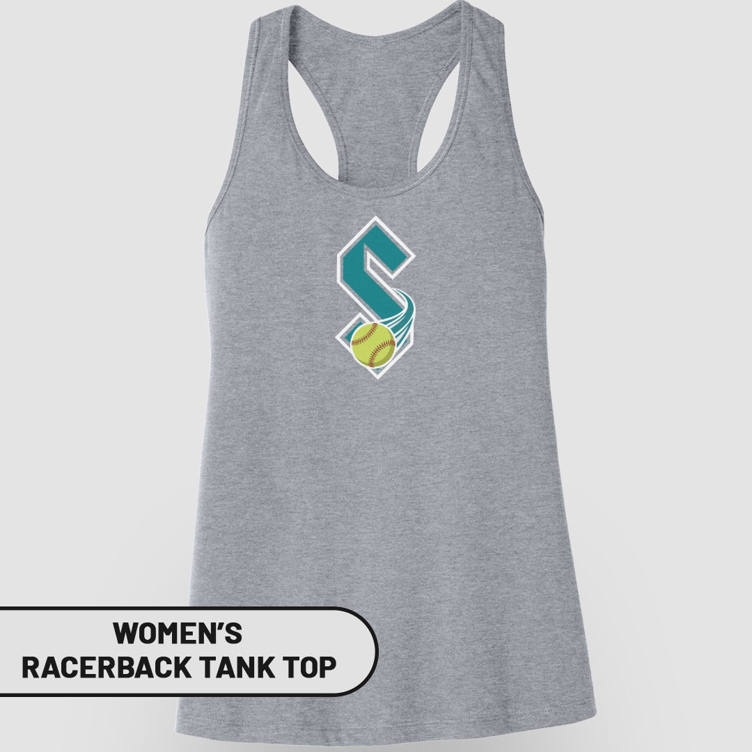 Women's grey racerback tank top with a stylized "S" logo and softball graphic.