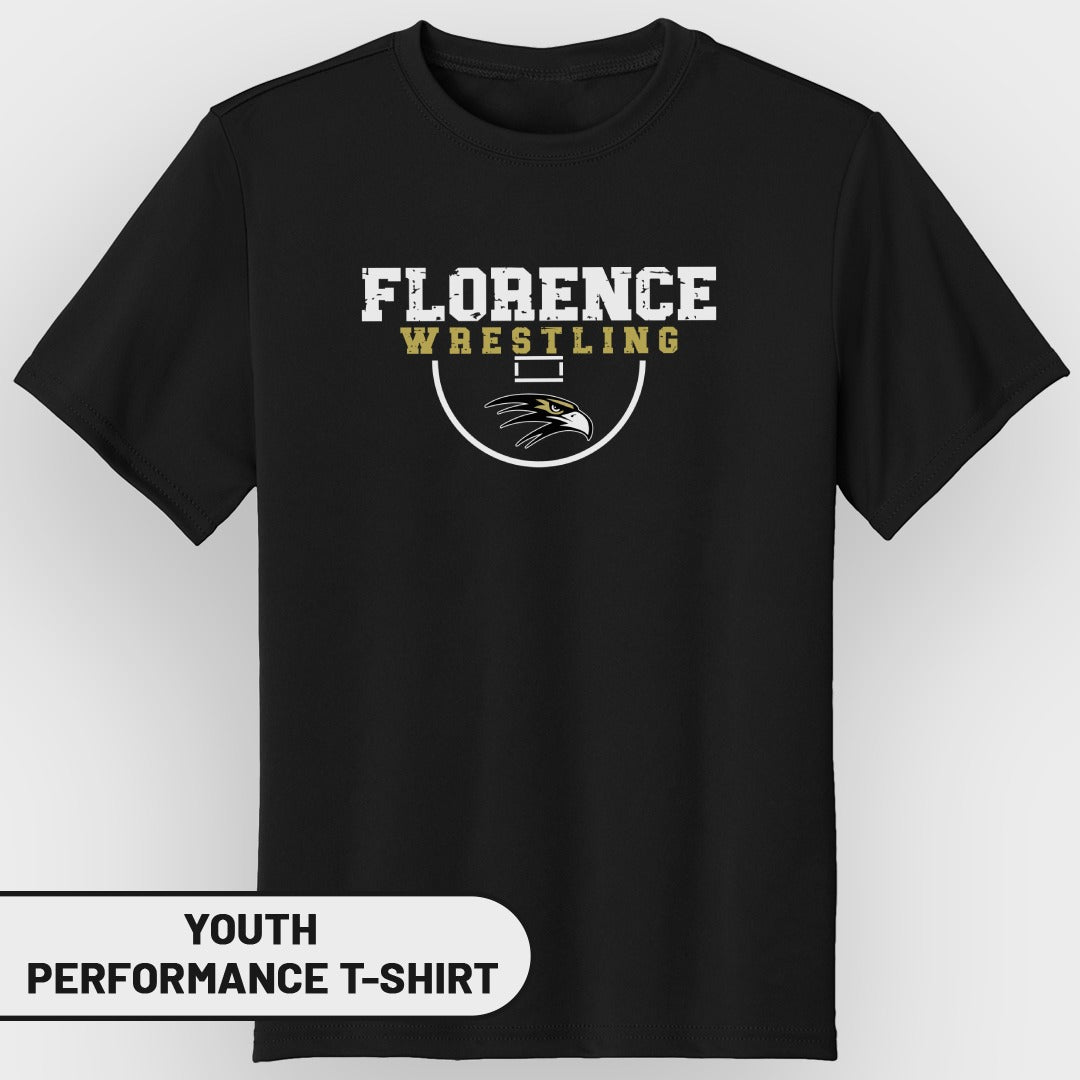 Black youth performance t-shirt with "Florence Wrestling" and eagle logo.