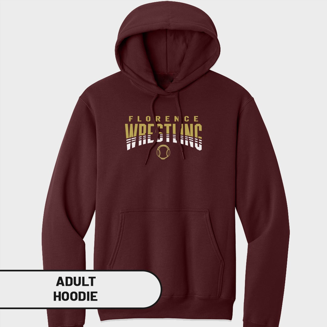 Maroon adult hoodie with "Florence Wrestling" text and a wrestling ball graphic.