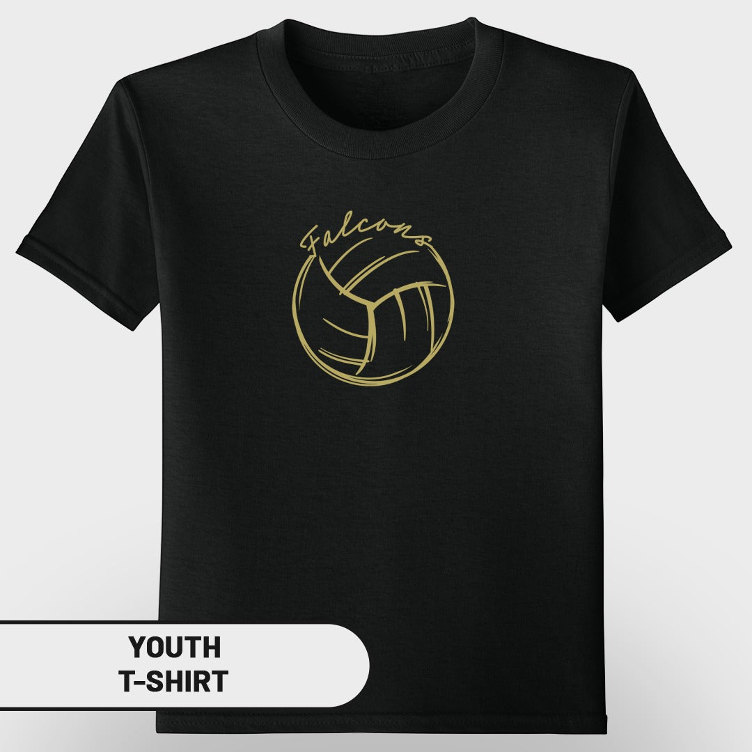Black youth t-shirt with gold "Falcons" text and volleyball graphic.