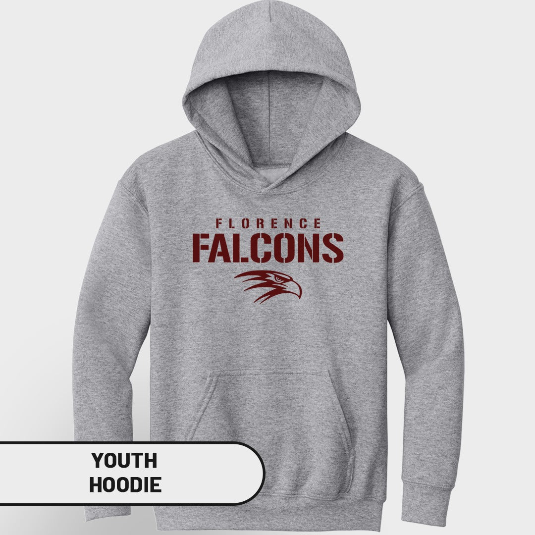 Grey youth hoodie with "FLORENCE FALCONS" and a falcon emblem.