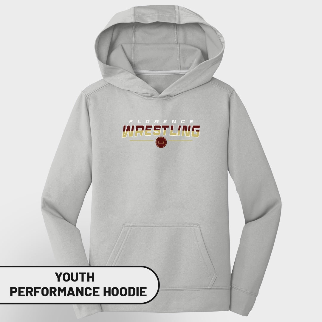 Gray youth performance hoodie with Florence Wrestling logo across chest.