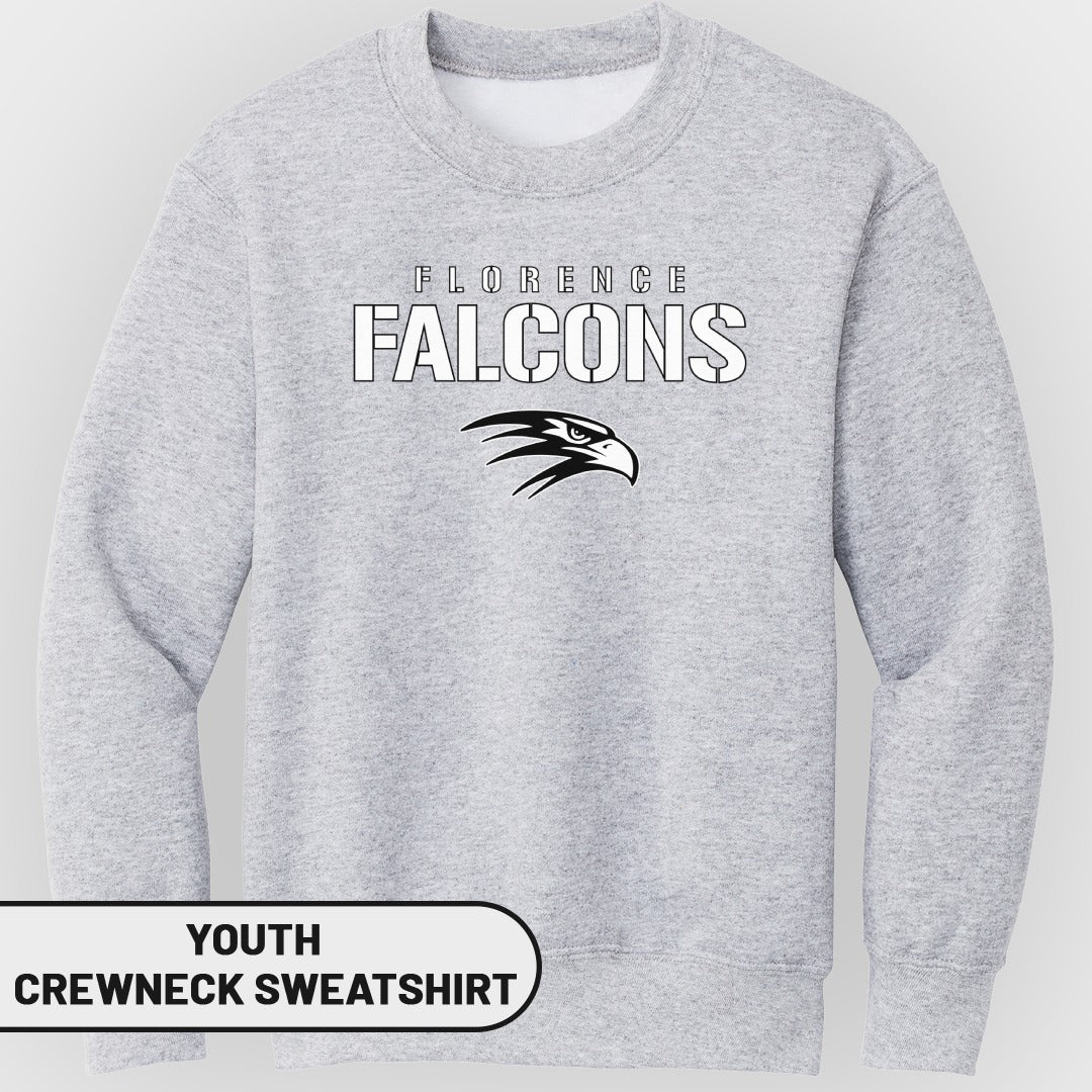 Youth crewneck sweatshirt with Florence Falcons logo and text.