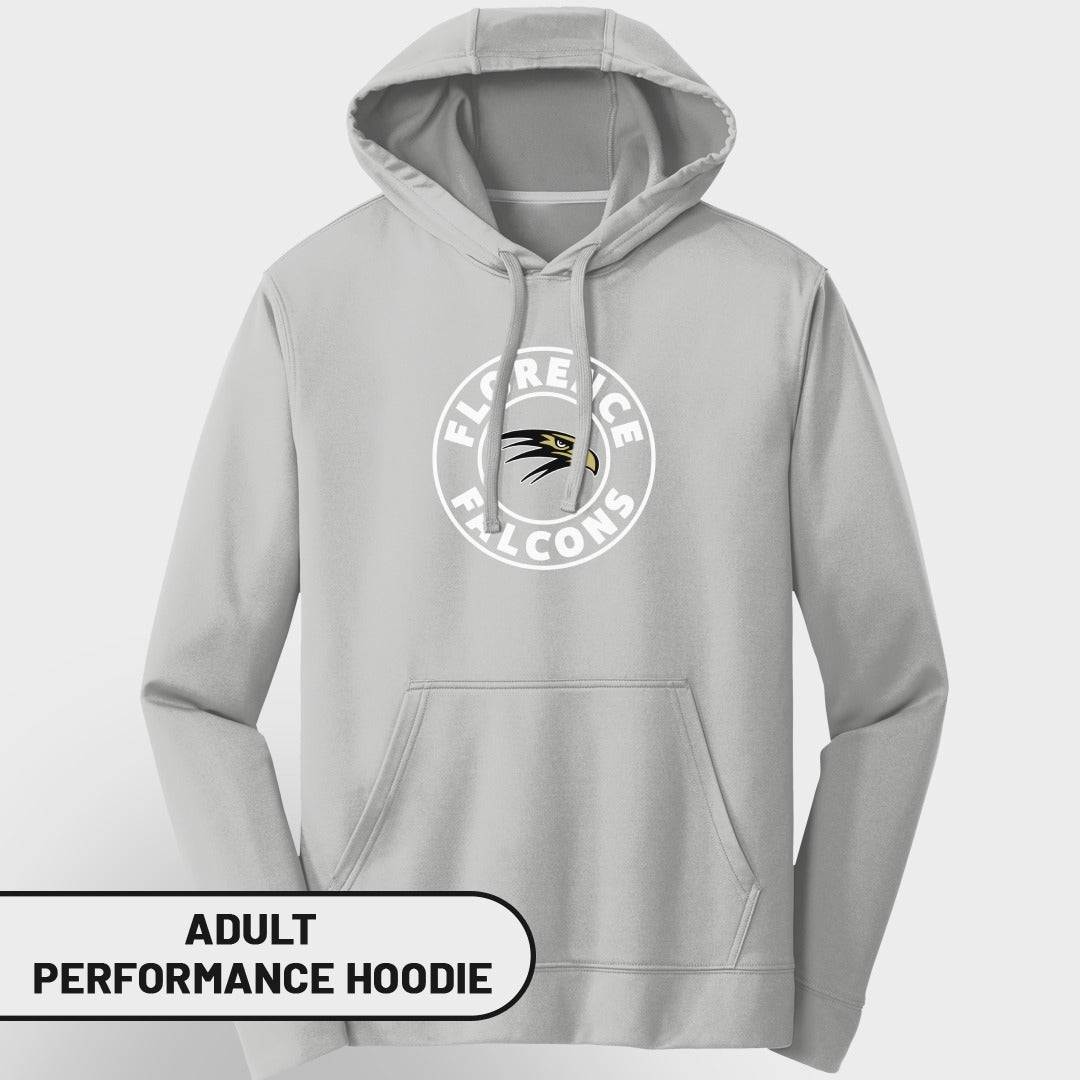 Light grey adult performance hoodie with Florence Falcons logo on chest.