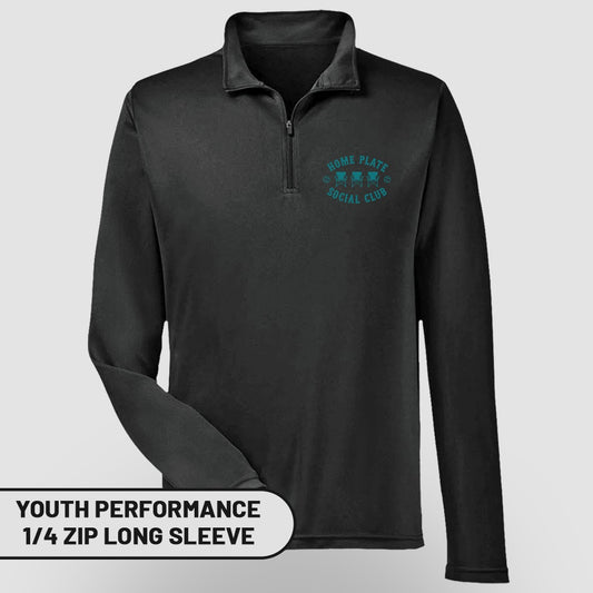 Black youth performance 1/4 zip long sleeve shirt with "Home Plate Social Club" logo.