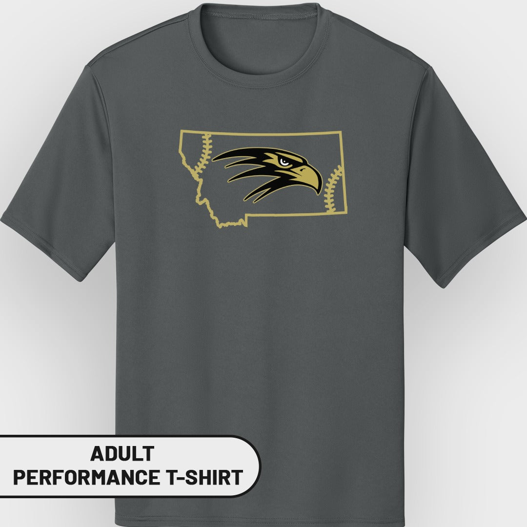 Gray t-shirt with Montana outline, eagle head, and baseball stitching graphic.