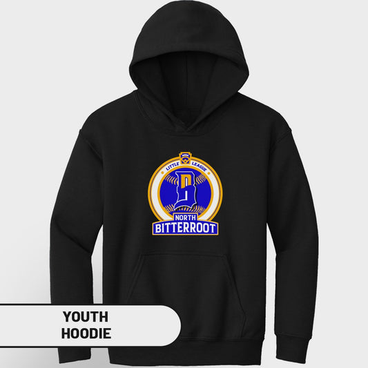 Black youth hoodie with Little League North Bitterroot logo.