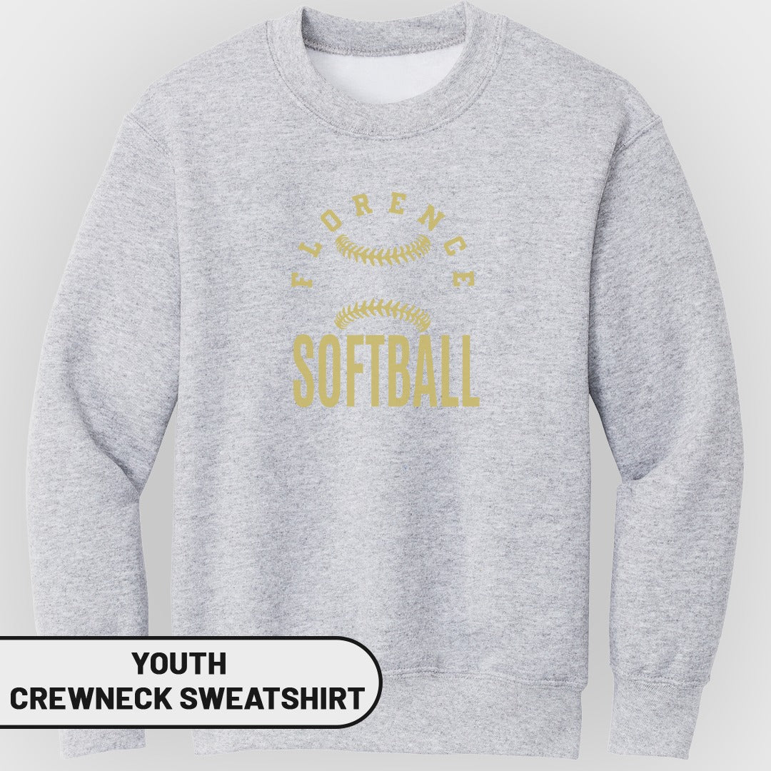 Light grey youth crewneck sweatshirt with "Florence" and "Softball" text and baseball graphics.