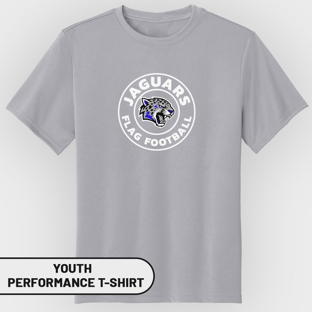 Gray youth performance t-shirt with "Jaguars Flag Football" logo.