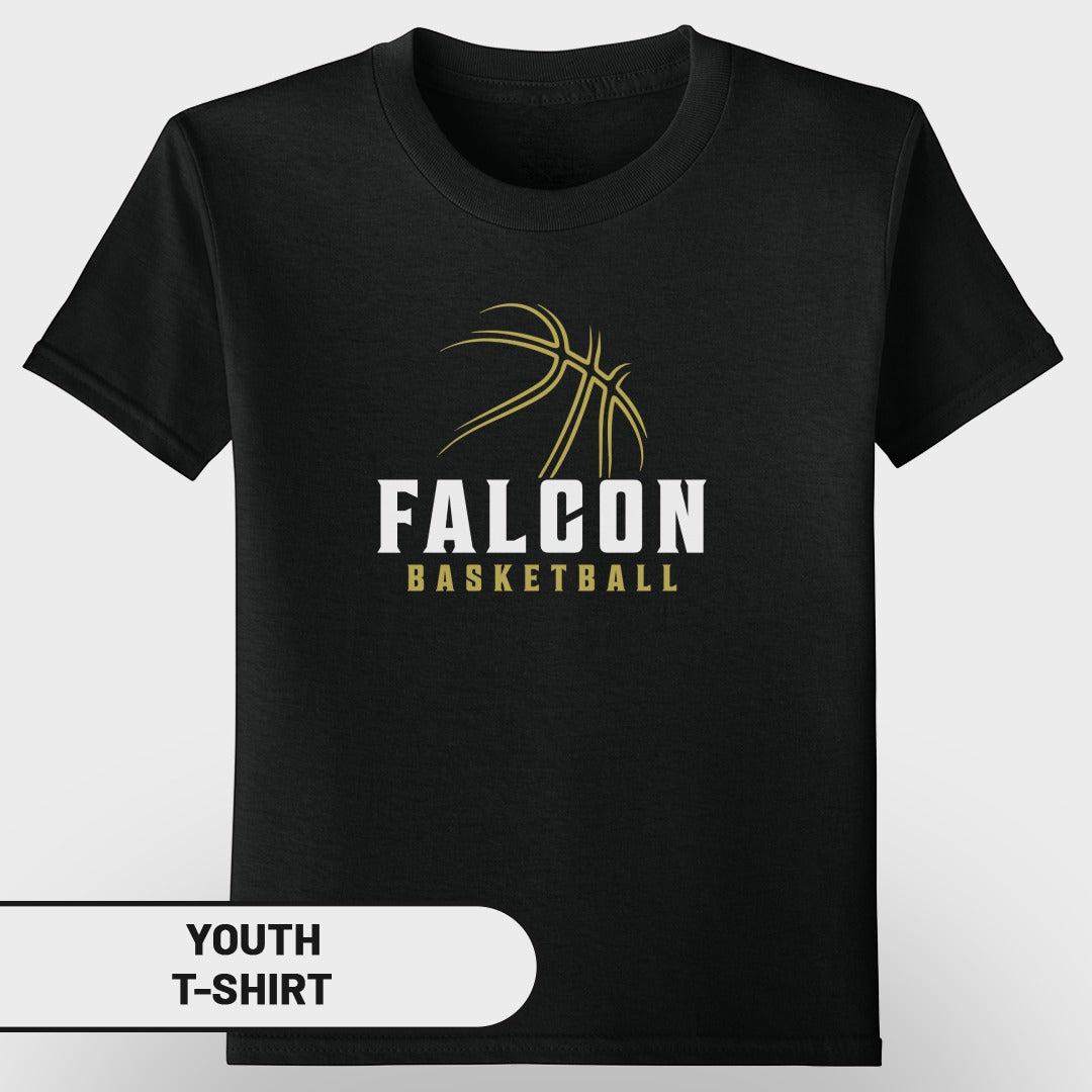 Black youth t-shirt with "FALCON BASKETBALL" logo and basketball graphic.