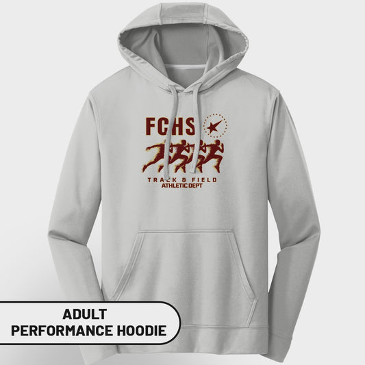 Gray adult performance hoodie with FCHS Track & Field Athletic Dept graphic.