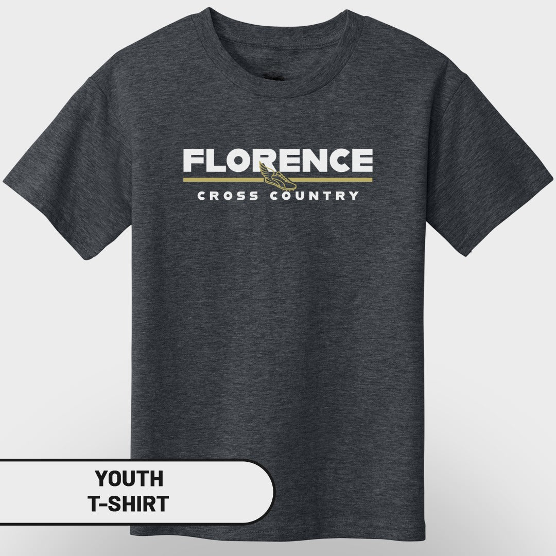 Dark heather youth t-shirt with "FLORENCE CROSS COUNTRY" text and a winged shoe graphic.