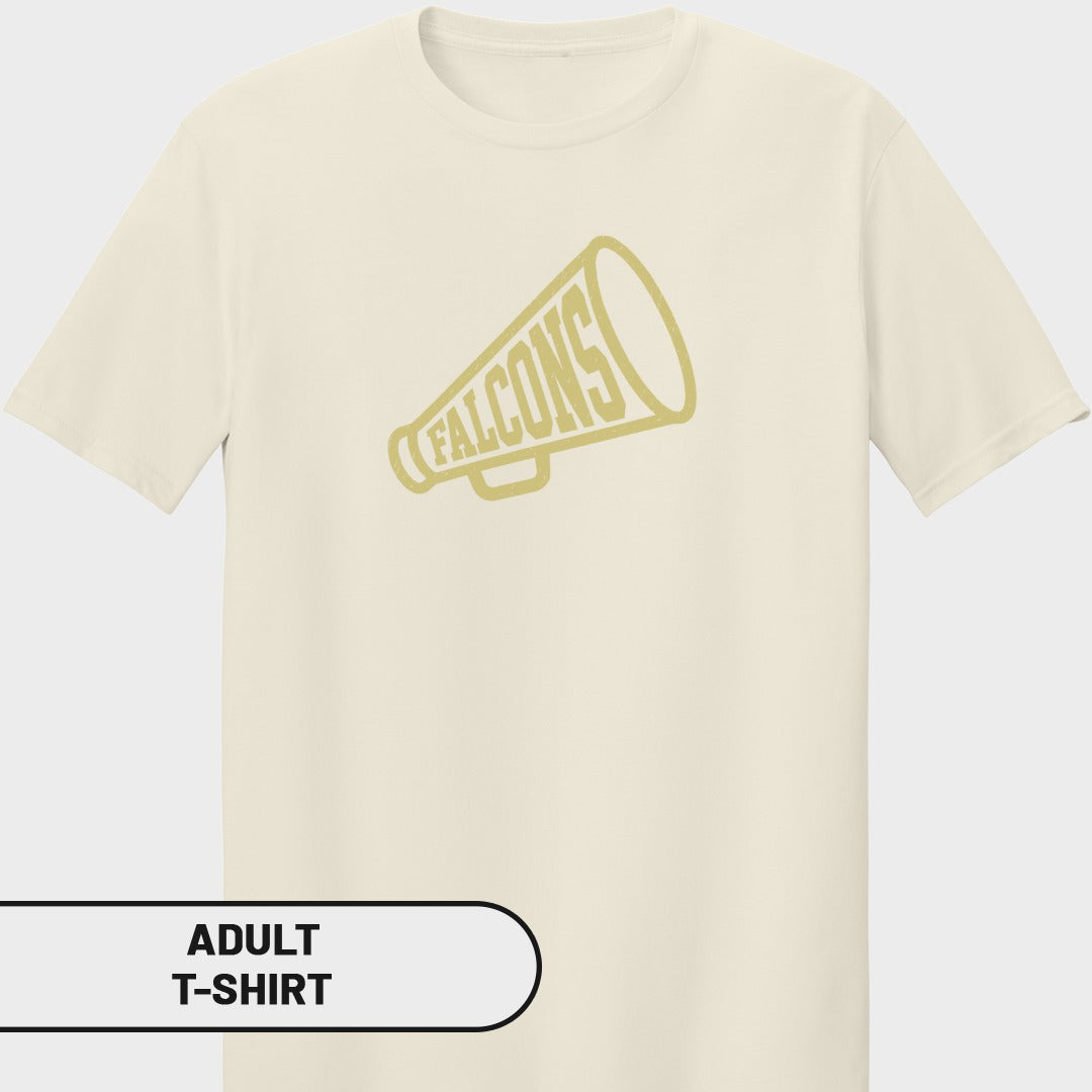 Cream adult t-shirt with a gold megaphone graphic that says "FALCONS".