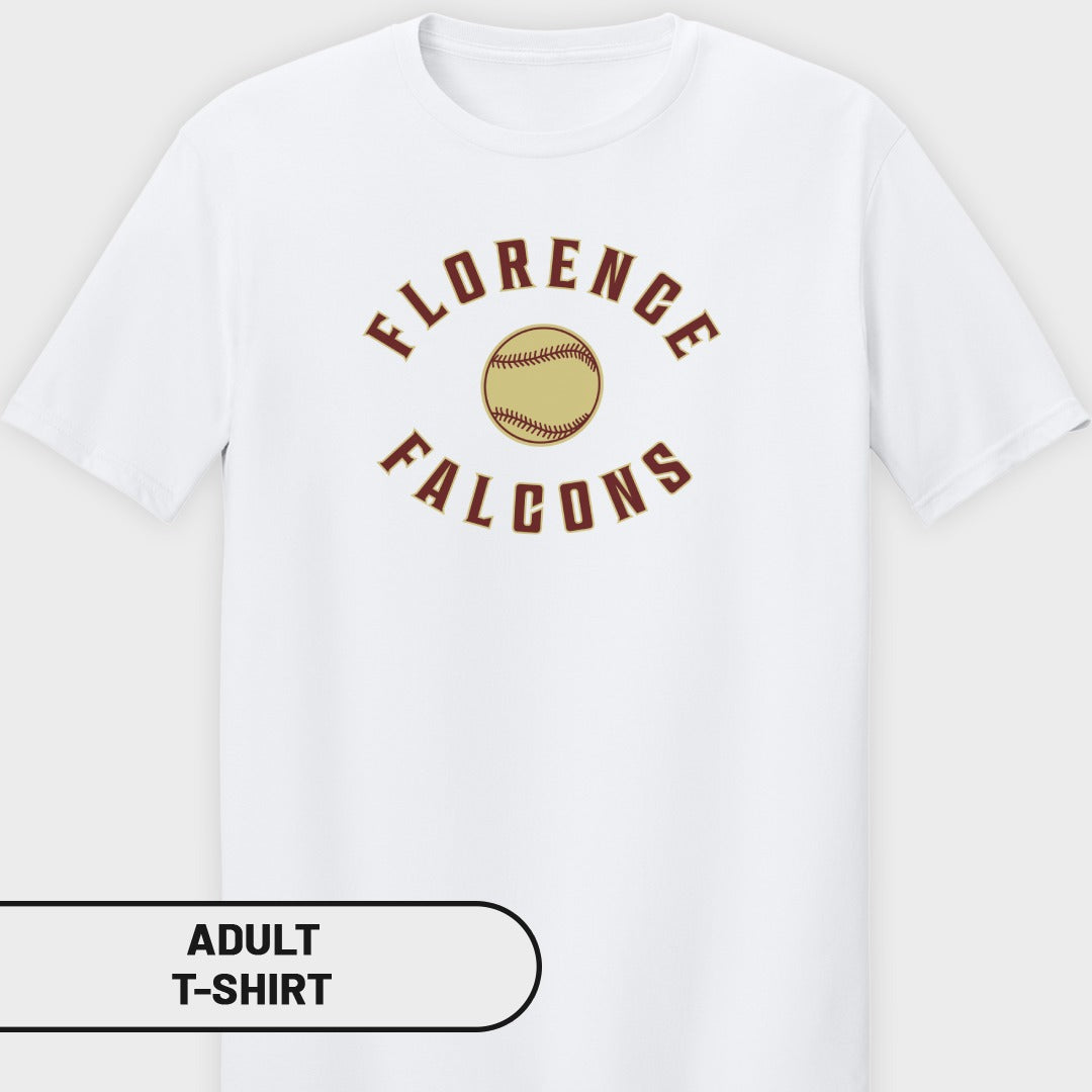 White adult t-shirt with "Florence Falcons" text and baseball graphic.