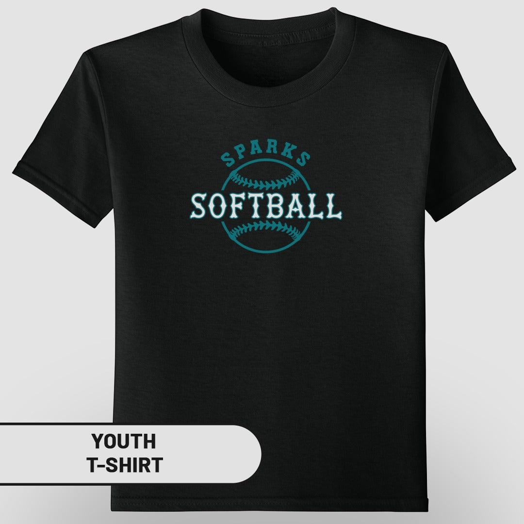 Black youth t-shirt with "Sparks Softball" text and softball graphic.