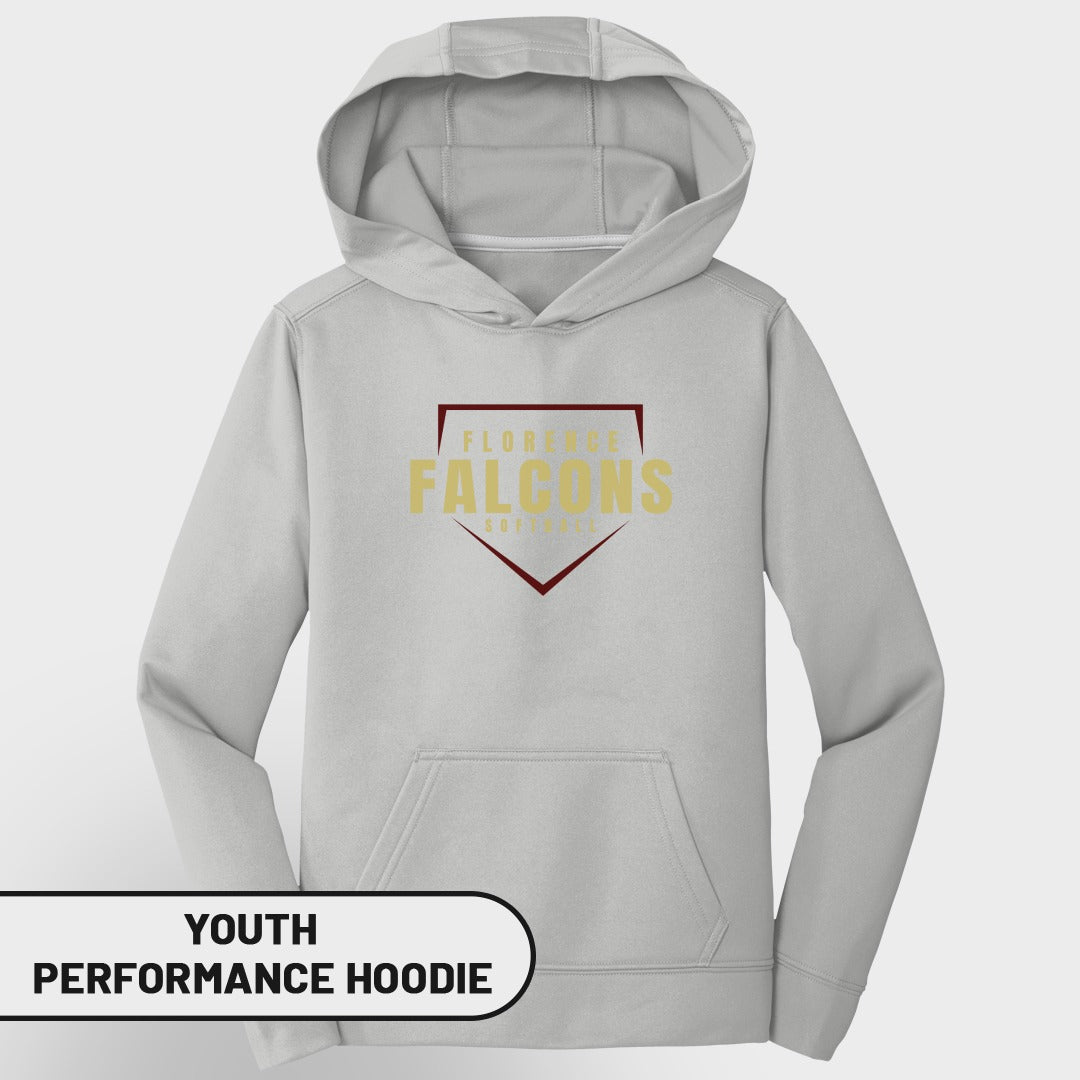 Youth performance hoodie with Florence Falcons softball logo.