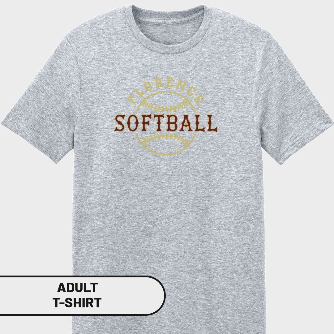 Grey adult t-shirt with "Florence Softball" text and a baseball graphic.