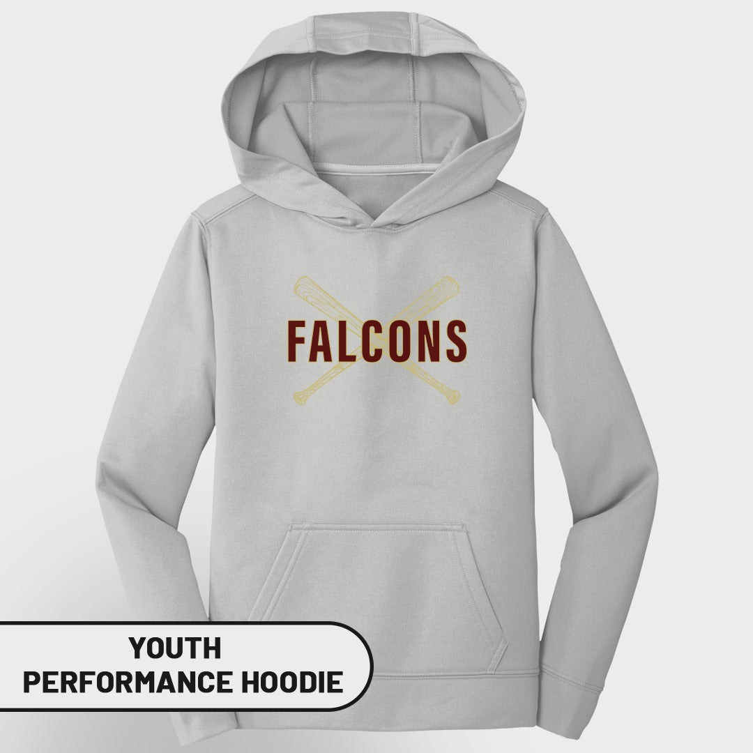 Light grey youth performance hoodie with crossed baseball bats and "Falcons" text.