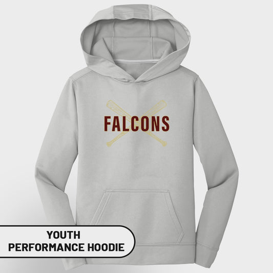 Light grey youth performance hoodie with crossed baseball bats and "Falcons" text.