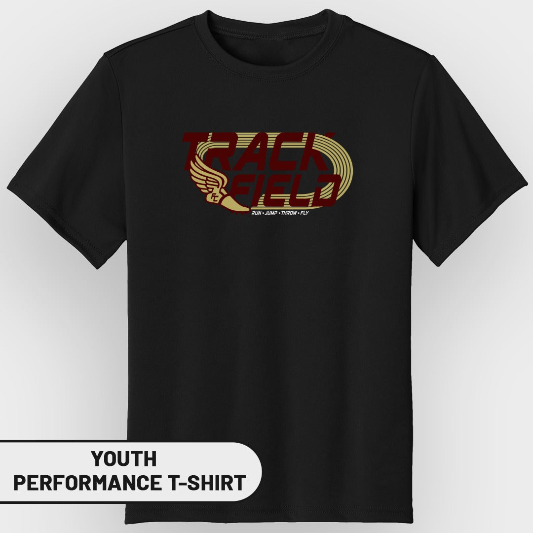 Black youth performance t-shirt with "Track Field" logo and "Run Jump Throw Fly" text.