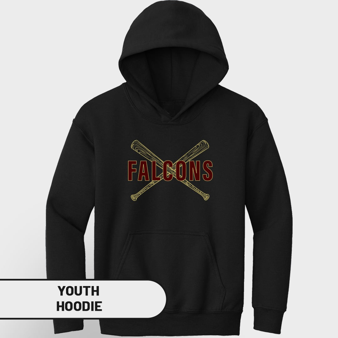 Black youth hoodie with crossed baseball bats and "FALCONS" text.
