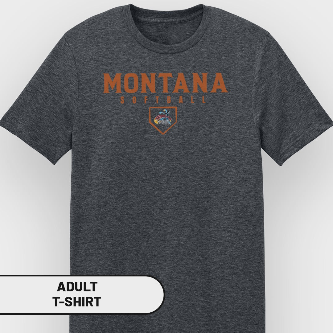 Dark gray t-shirt with "Montana Softball" text and logo on chest.