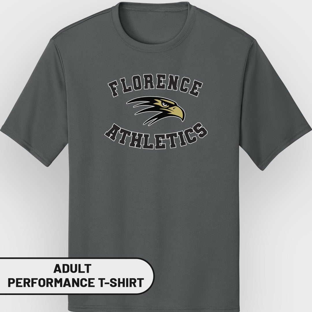 Dark gray adult performance t-shirt with "Florence Athletics" and eagle logo.