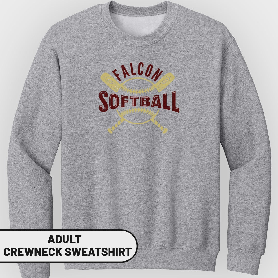 Gray adult crewneck sweatshirt with "Falcon Softball" graphic and crossed bats.
