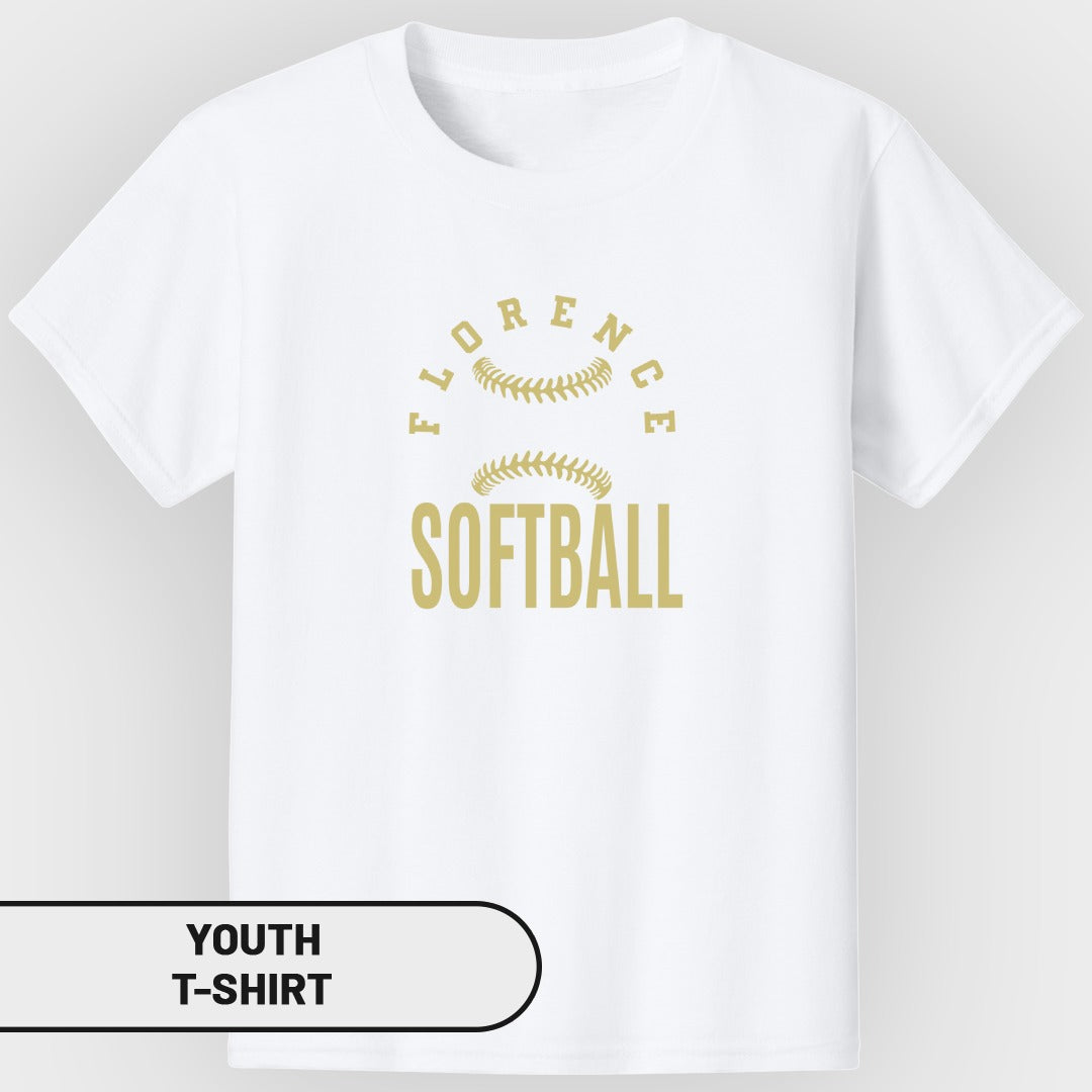 White youth t-shirt with "Florence Softball" graphic and softball stitches.