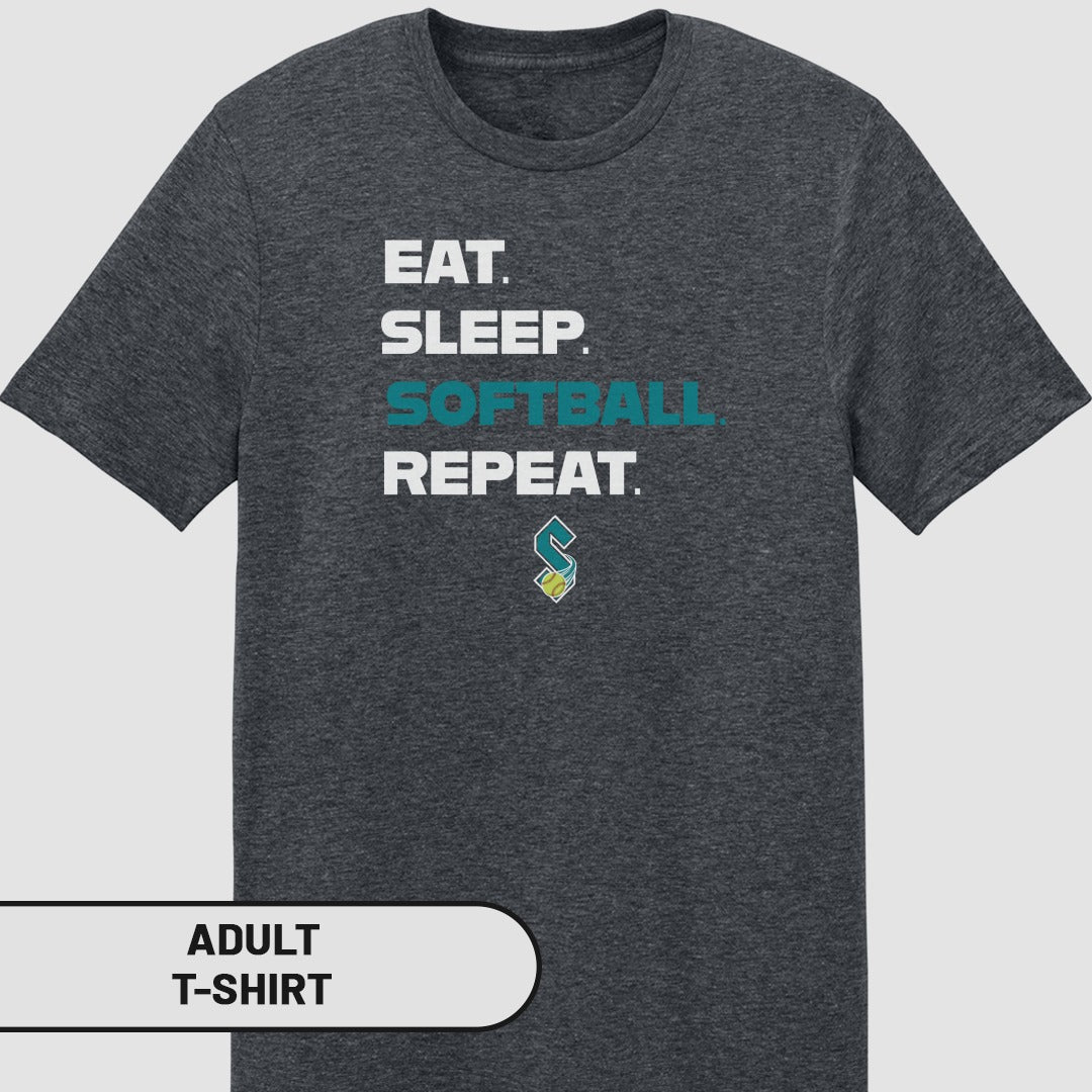 Dark grey t-shirt with "Eat. Sleep. Softball. Repeat." text and logo.