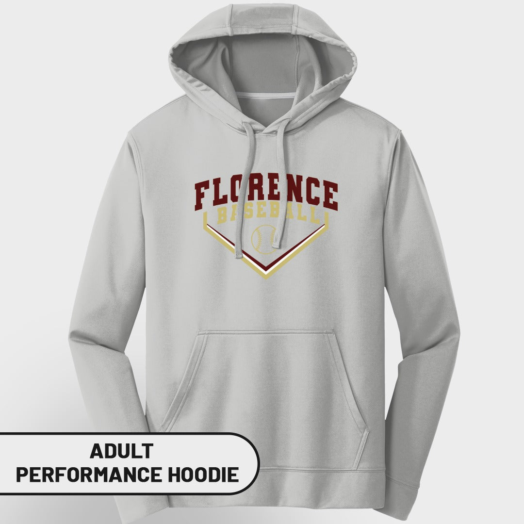 Light grey adult performance hoodie with "Florence Baseball" logo.