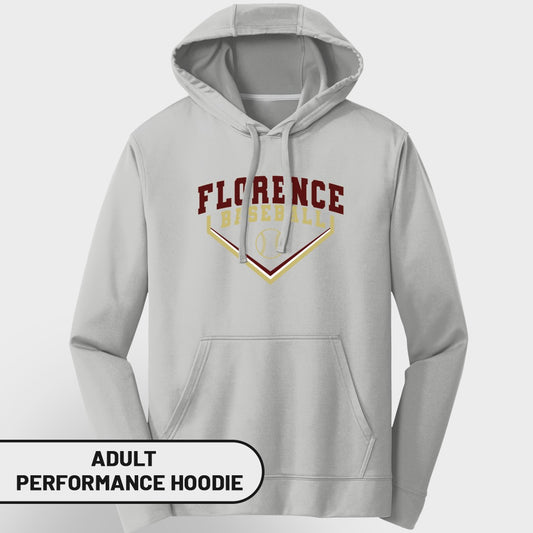 Light grey adult performance hoodie with "Florence Baseball" logo.