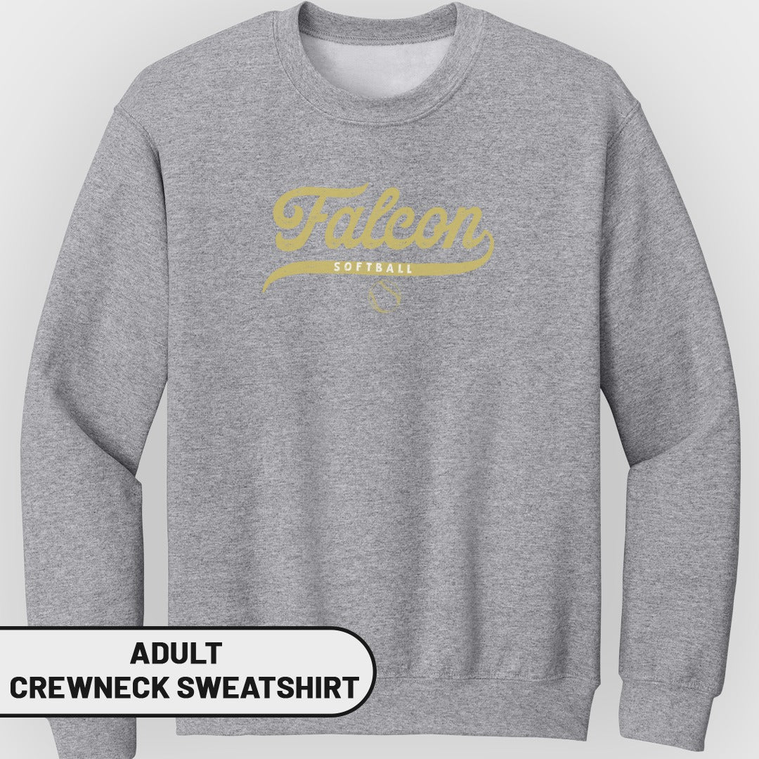 Adult grey crewneck sweatshirt with "Falcon Softball" in gold cursive text.