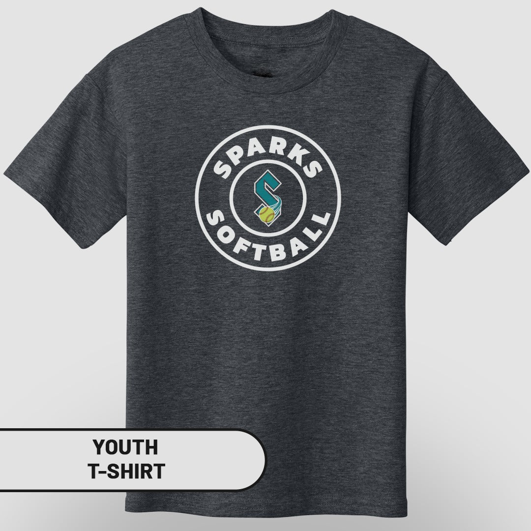 Youth t-shirt with circular "Sparks Softball" logo in white.