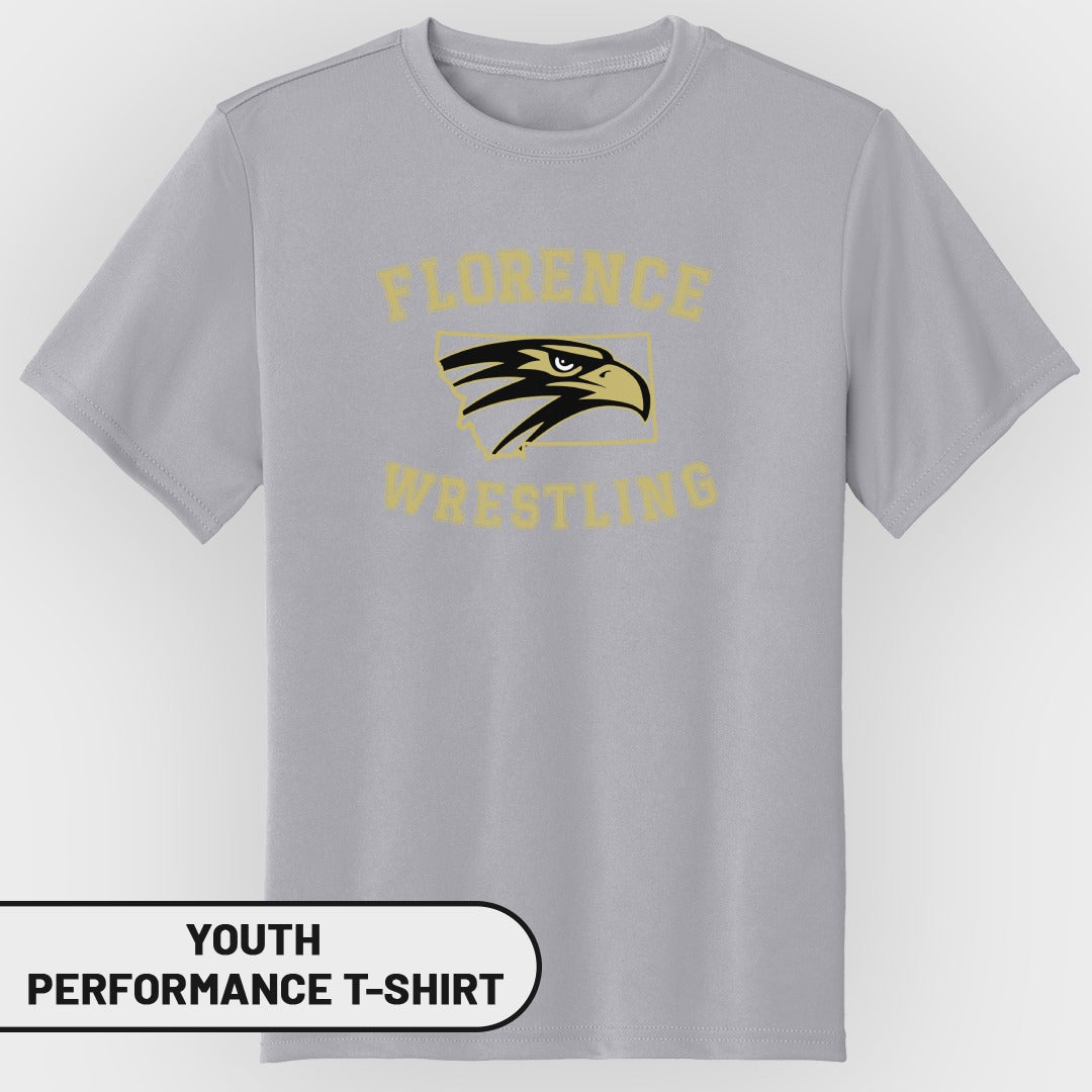 Gray youth performance t-shirt with "Florence Wrestling" and eagle logo.