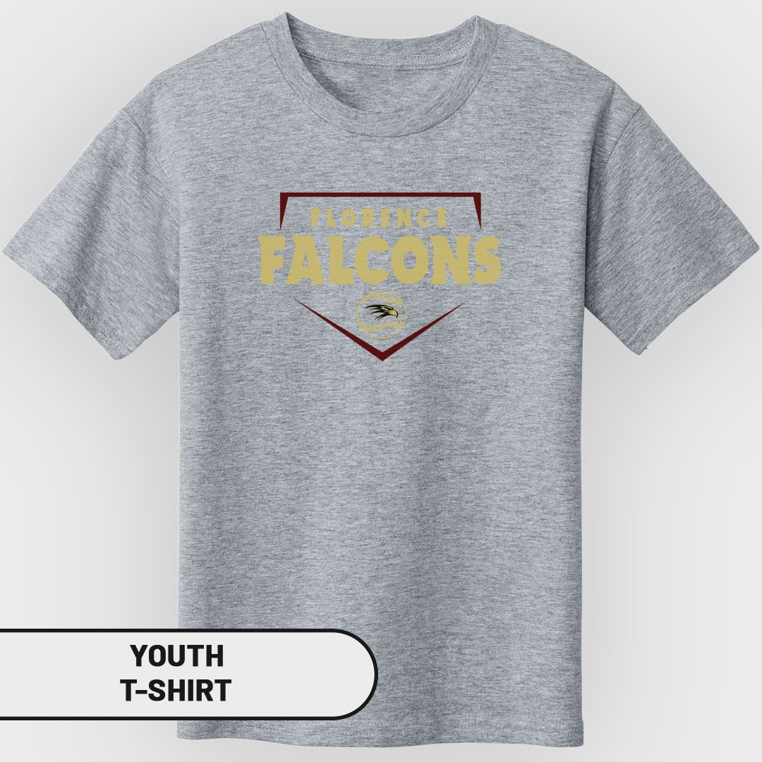 Grey youth t-shirt with "Florence Falcons" logo and mascot.