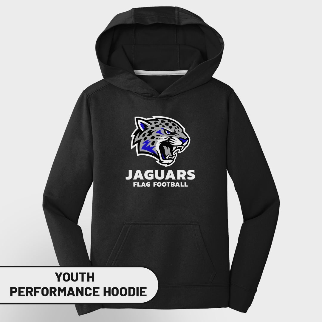 Black youth performance hoodie with Jaguars flag football logo.