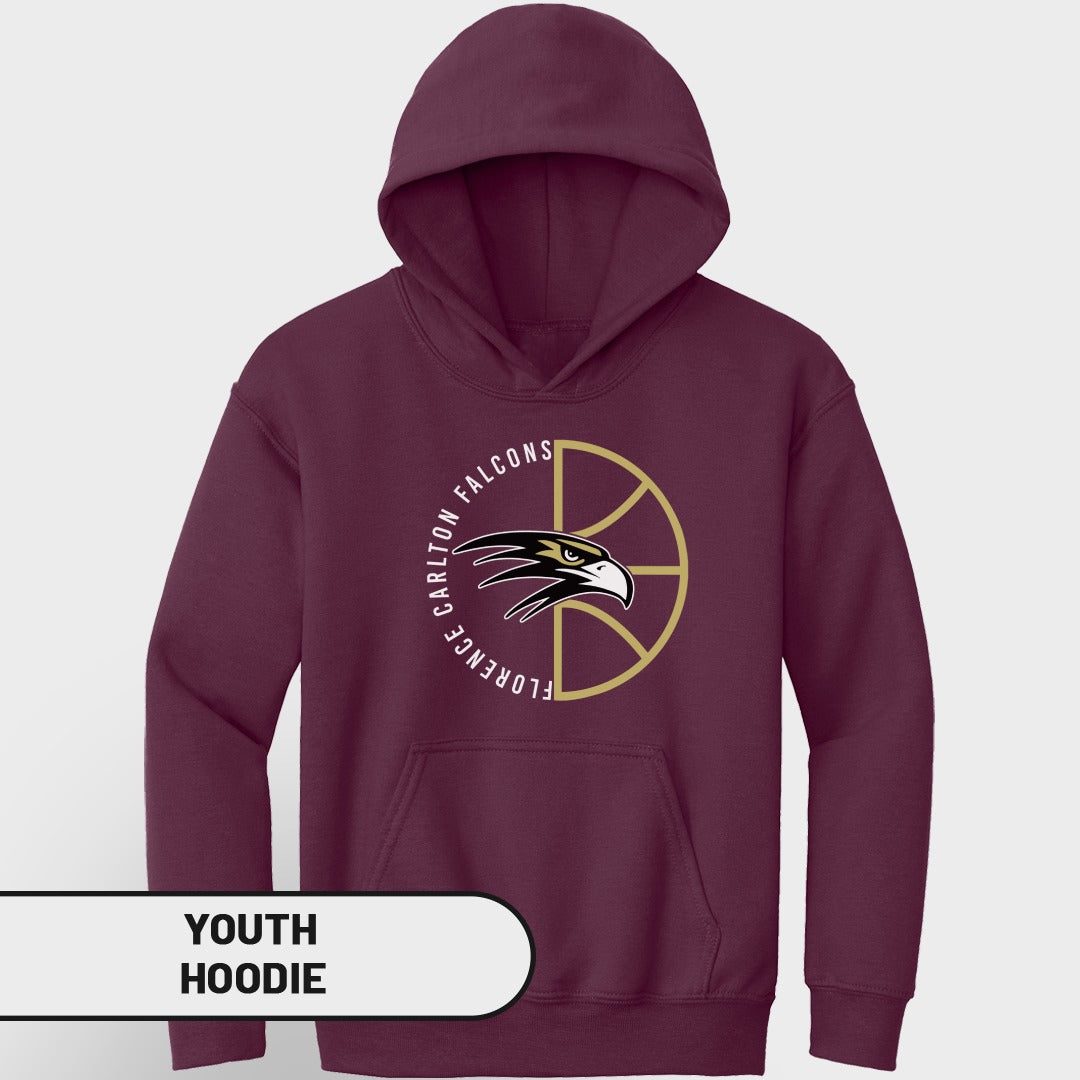 Maroon youth hoodie with Carlton Florence Falcons basketball logo.